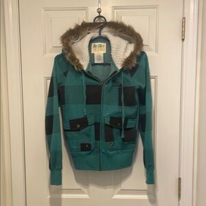 Billabong Teal and Black Checkered Hoodie with Fur Trim